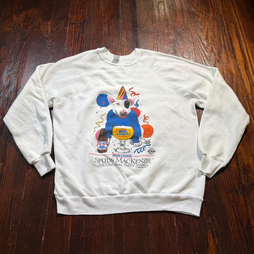 Vintage 1985 Bud Light Sweatshirt Mens XL White Spuds MacKenzie 80s Beer Party